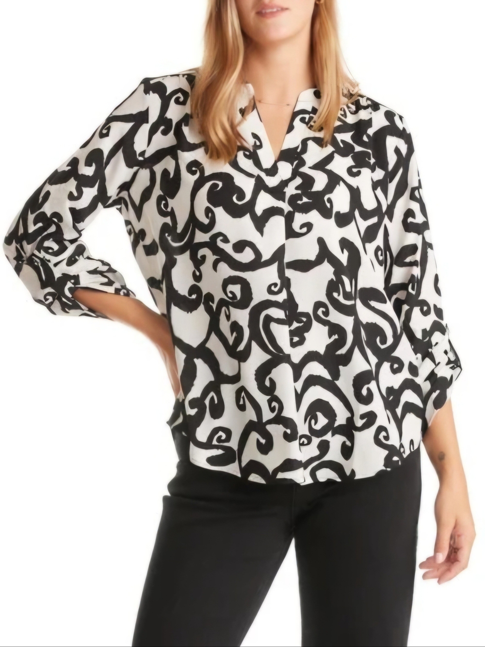 Black & White Abstract Print Blouse EUC